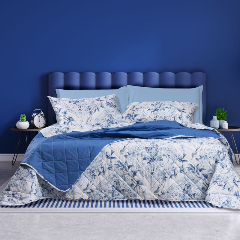 Lenzuola e Copriletto con stampa ornamentale classica blu in cotone Happidea