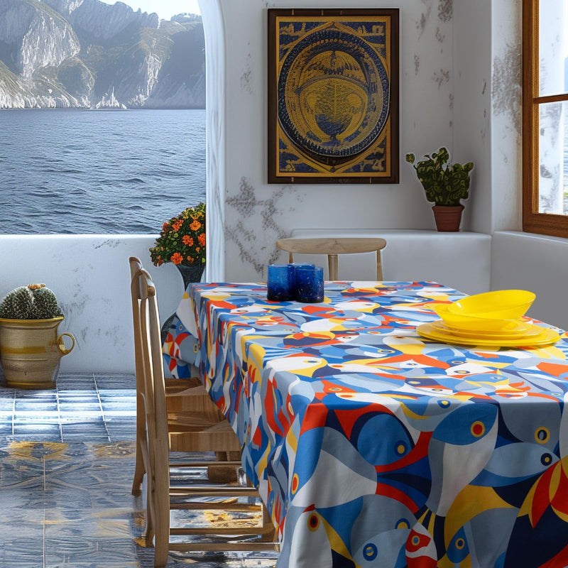 Copritavolo in cotone stampato con vivaci pesci astratti della Linea Casa al Mare di Paola Marella