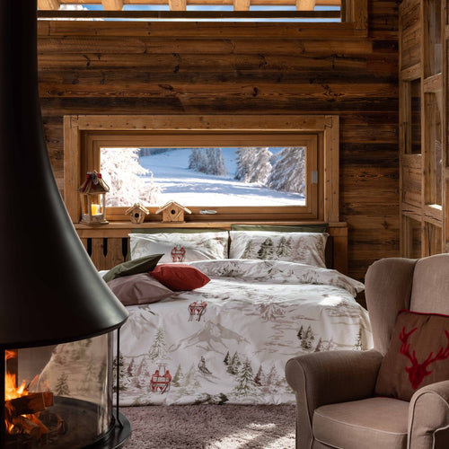 Parure Copri piumino in percalle di cotone con paesaggio e sciatori Casa di Montagna Paola Marella