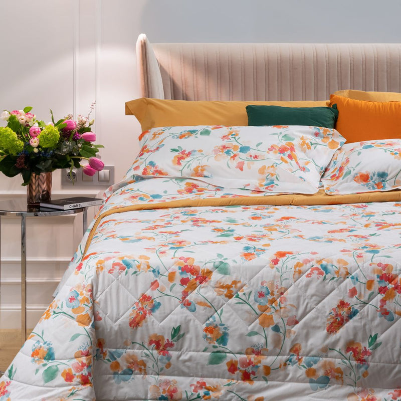 Set completo letto e copriletto in percalle di cotone con stampa floreale arancio e rosso
