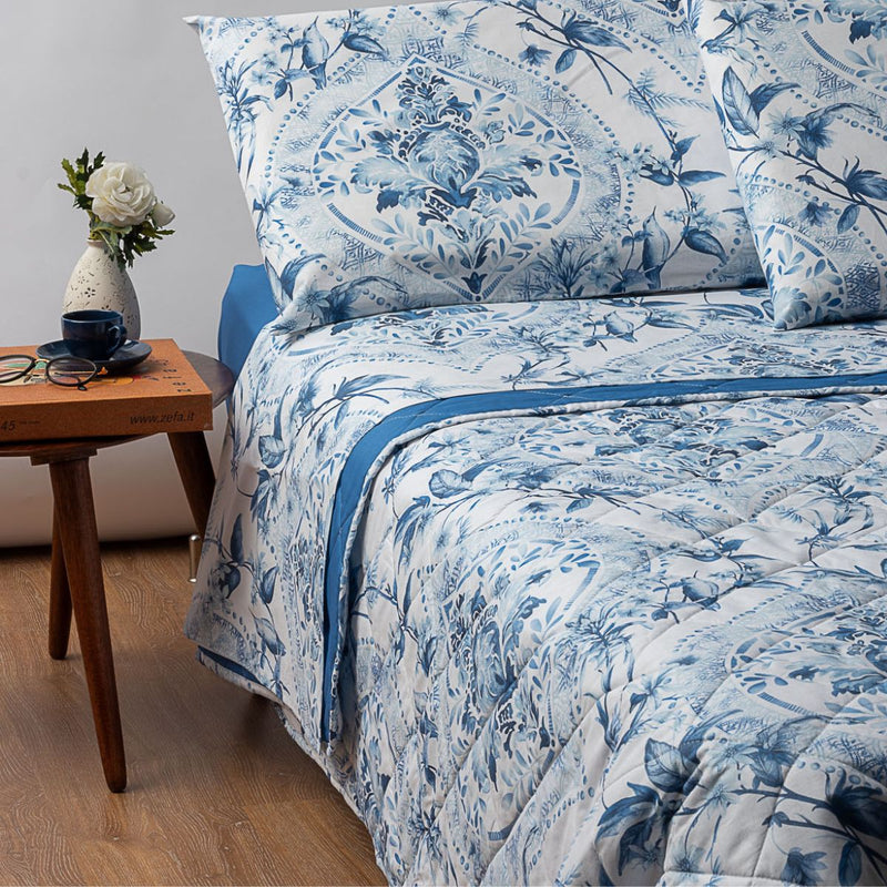 Completo letto in cotone con elegante stampa ornamentale blu 