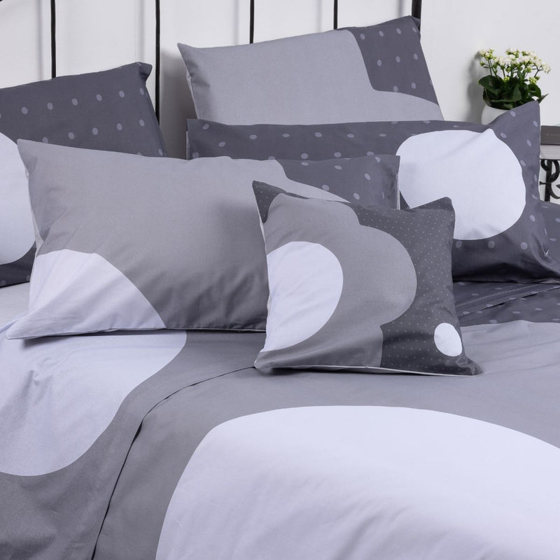 Completo letto in cotone Happidea Premium con stampa floreale moderna e pois  grigio