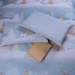 completo letto bosco incantato paesaggio invernale stilizzato bianco azzurro oro con alberi renne cotone made in italy calda flanella di cotone dettaglio matrimoniale