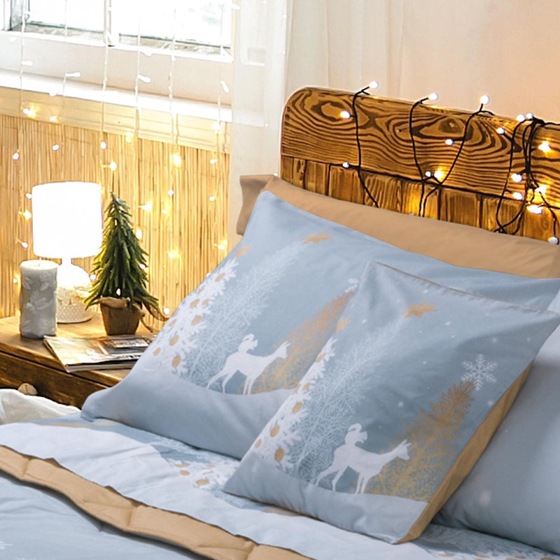 completo letto bosco incantato paesaggio invernale stilizzato bianco azzurro oro con alberi renne cotone made in italy calda flanella di cotone dettaglio singolo