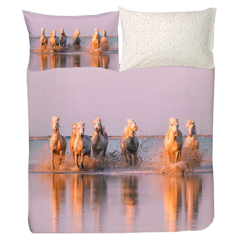 Completo letto copriletto in cotone con stampa fotografica di cavalli sulla spiaggia