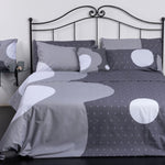 Completo letto Nebula in cotone Happidea premium con fiore moderno e pois grigio