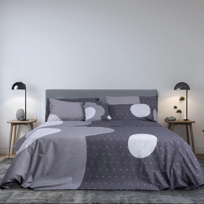 Completo letto Nebula in cotone Happidea premium con fiore moderno e pois grigio