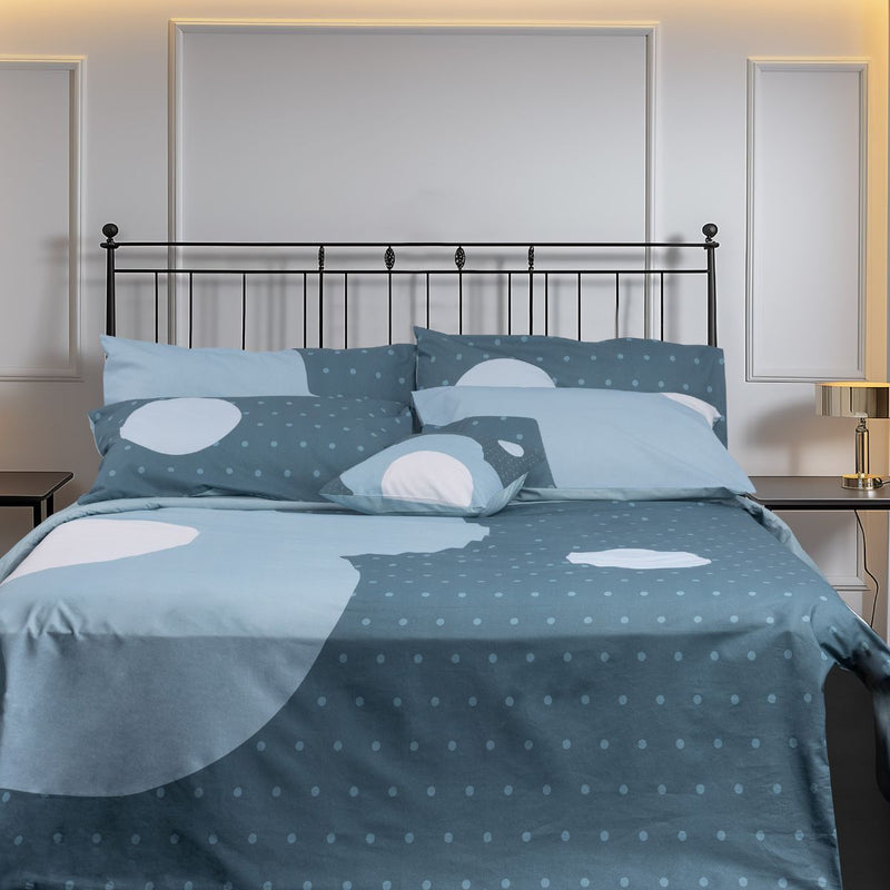 Completo letto Nebula in cotone Happidea premium con fiore moderno e pois verde acqua