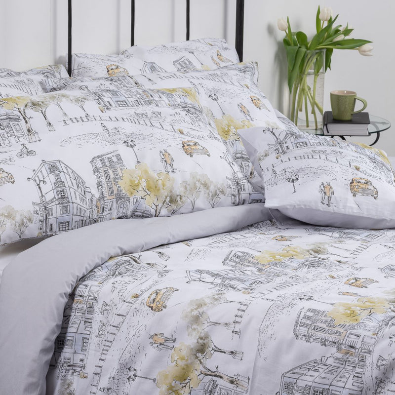  Parure copripiumino Embrace in cotone linea Premium Happidea stampa city life sketches letto singolo