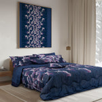 Completo letto in cotone fondo blu notte con vivace stampa fiori astratti