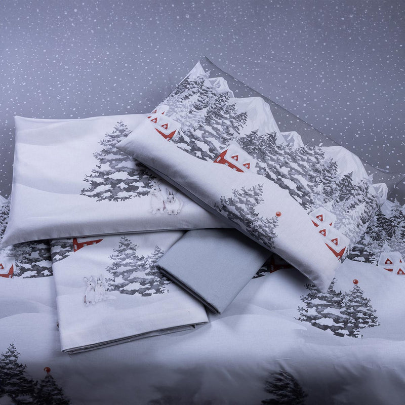completo letto bianco natale happidea inverno natale disegno paesaggio invernale neve case conigli 100% cotone made in italy dettaglio