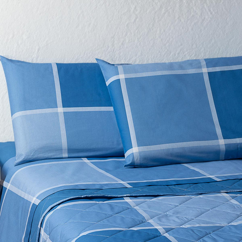 Completo Letto Breez Happidea blu quadrato con diverse tonalità 100% cotone made in italy 