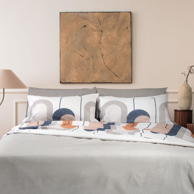 Completo letto in calda flanella di cotone con stampa geometrica naturale, ocra e blu