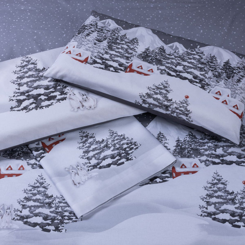 parure copripiumino bianco natale happidea inverno natale disegno paesaggio invernale neve case conigli 100% cotone made in italy