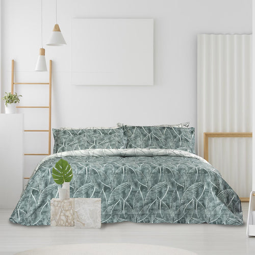 Sacco e Federe double face in percalle di cotone stampa foglie verde