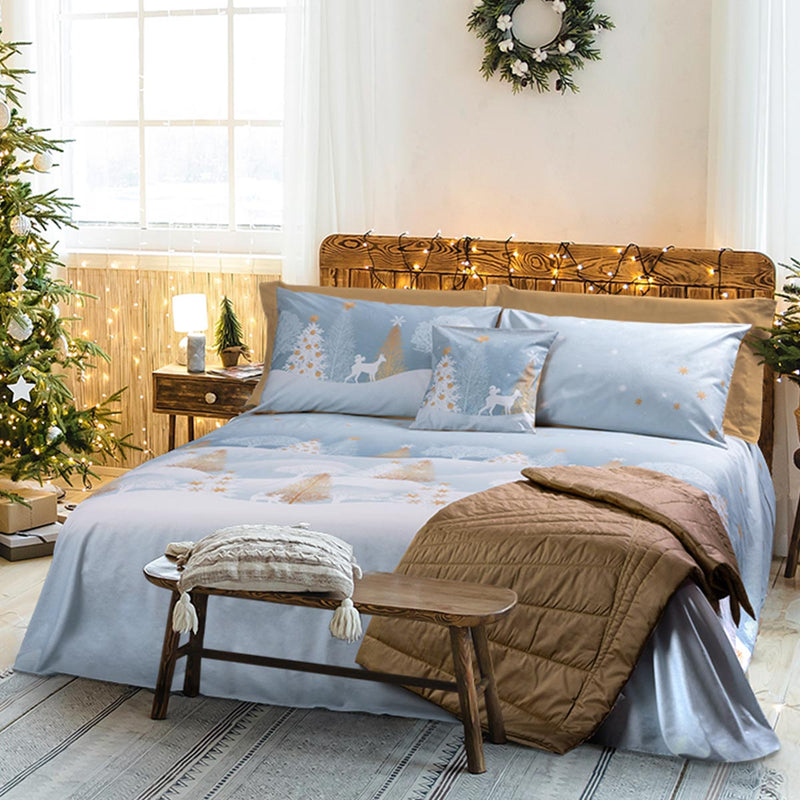 parure copripiumino bosco incantato paesaggio invernale stilizzato bianco azzurro oro con alberi renne cotone made in italy calda flanella di cotone