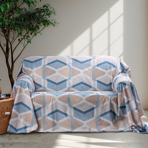 Telo arredo multiuso in cotone copri divano stampa geometrica colori azzurro e naturale