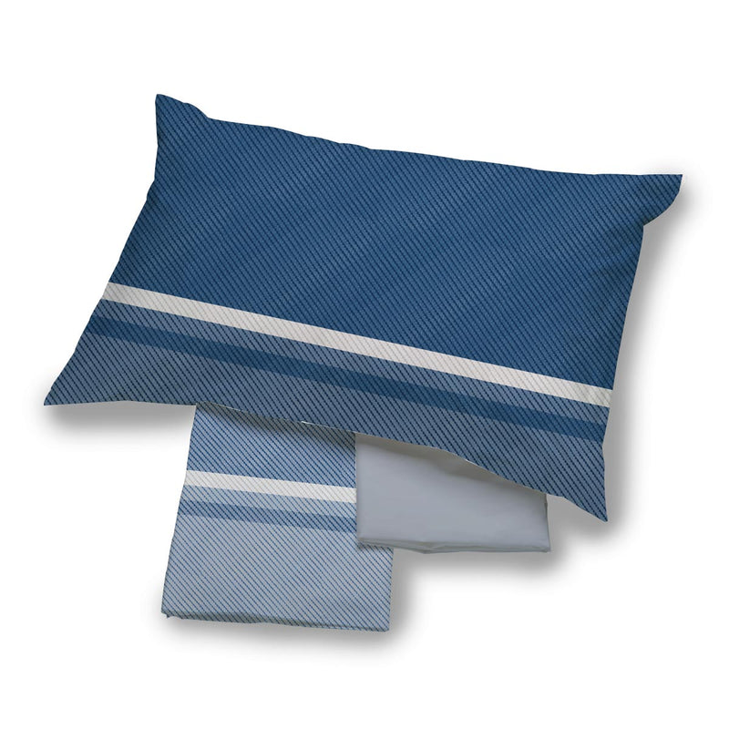 completo letto piazza e mezza in cotone con stampa riga dritta variante blu