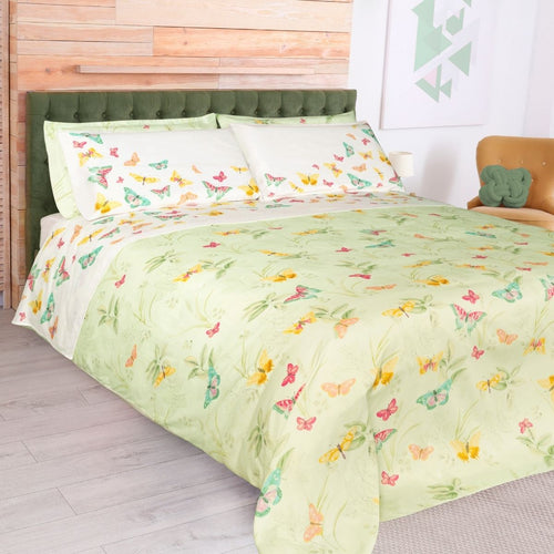 Completo letto con lenzuolo sopra interamente stampato con coloratissime farfalle matrimoniale verde.
