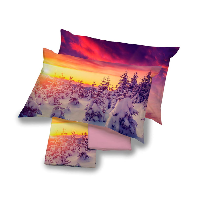 Completo letto copriletto in cotone con stampa fotografica ad alta definizione di un paesaggio di montagna innevato