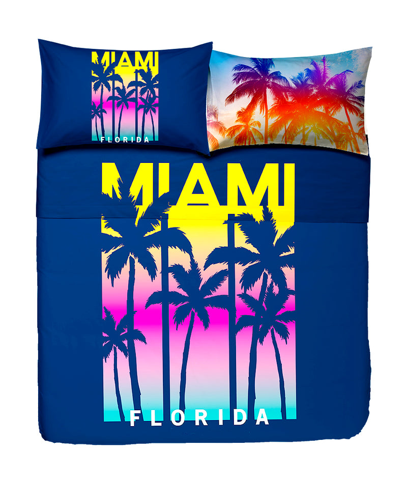 Completo Letto Copriletto in cotone Happide con stampa digitale di grafica Miami florida e fotografica di palme all'alba