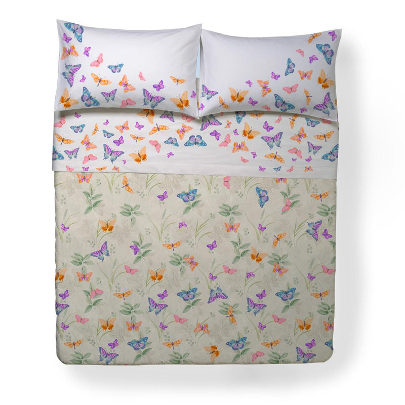 Completo letto con lenzuolo sopra interamente stampato con coloratissime farfalle matrimoniale giallo.