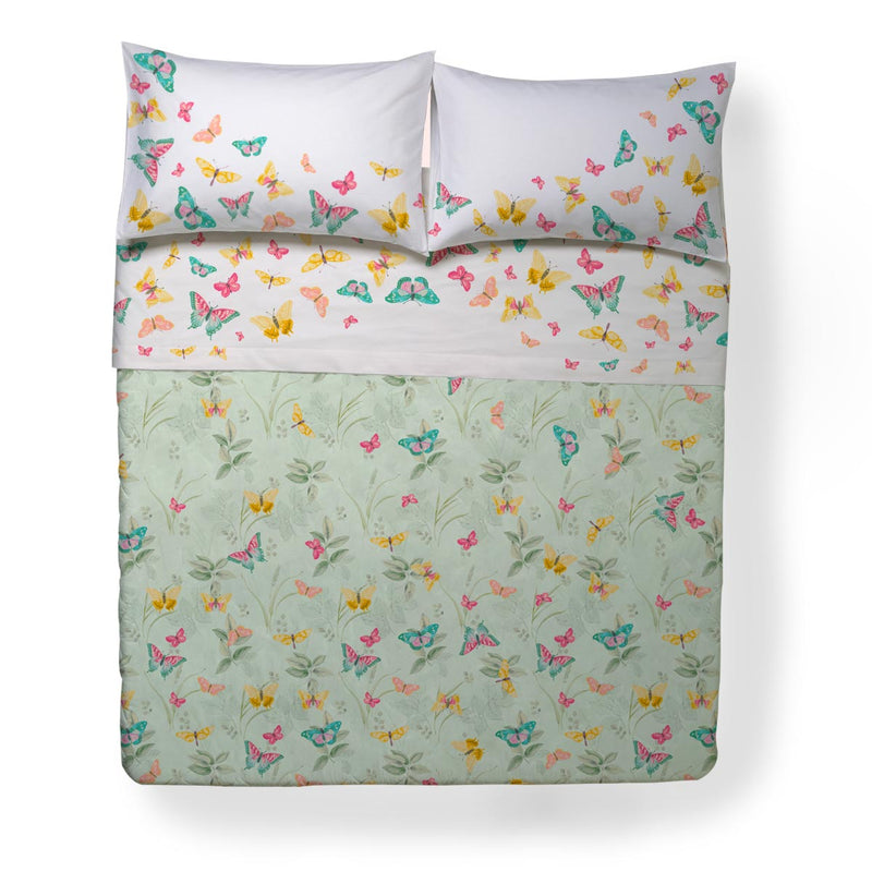 Completo letto con lenzuolo sopra interamente stampato con coloratissime farfalle matrimoniale verde.