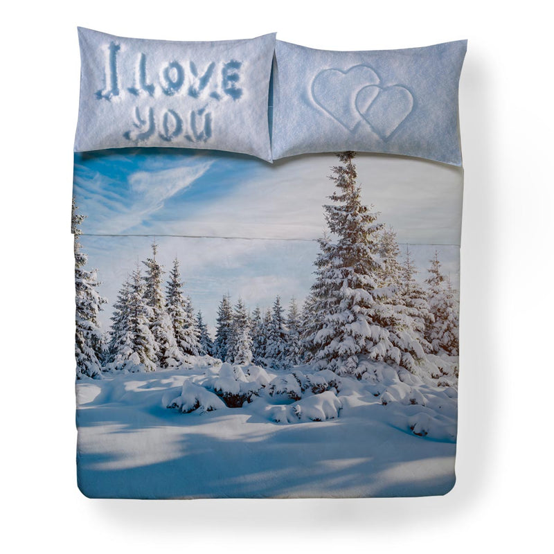 Completo Letto Copriletto  Snowy Dream Happidea con romantico paesaggio di montagna.