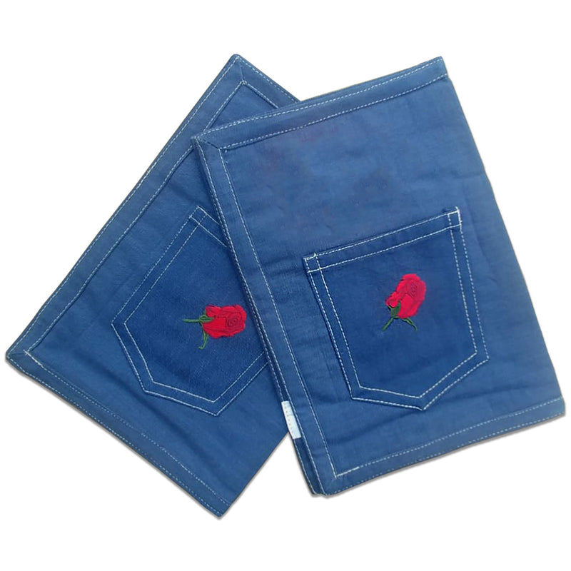 Set 2 americani in Jeans con taschina applicata e ricamo rosa rossa