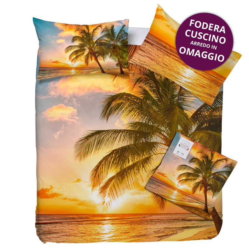 Parure copripiumino Tortuga Happidea stampa fotografica paesaggio tramonto tropicale cuscino arredo in omaggio