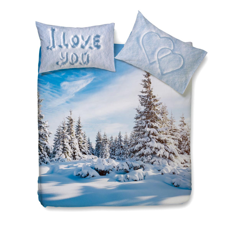 Parure Copripiumino Snowy Dream Happidea con romantico paesaggio di montagna.