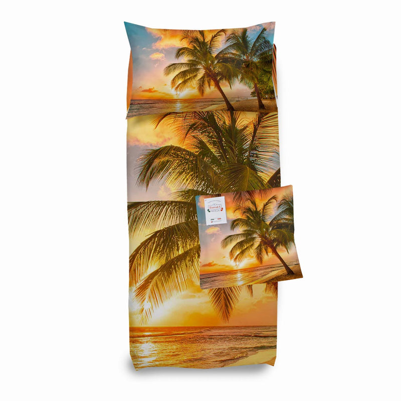 Parure copripiumino Tortuga Happidea stampa fotografica paesaggio tramonto tropicale cuscino arredo in omaggio