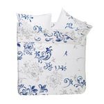 Completo letto copriletto in raso di cotone con elegante stampa ornamentale un toni blu