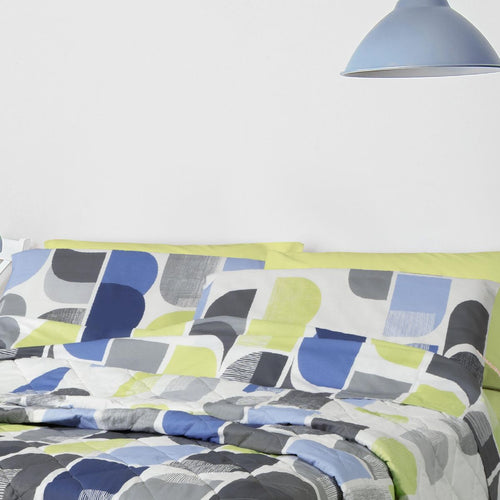 Completo letto in 100% cotone con stampa geometrica anni 70 multicolore blu grigia e verde