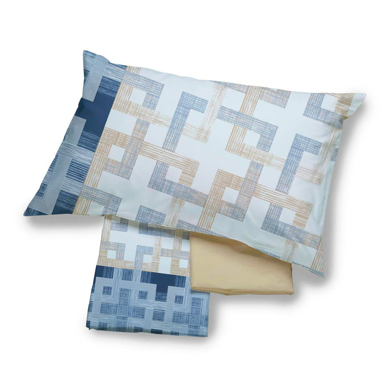 completo letto piazza e mezzo  con stampa astratta a quadri in cotone variante blu
