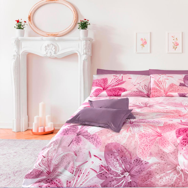 completo letto copriletto matrimoniale  con stampa digitale reattiva motivo floreale in raso di cotone variante rosa con toni di lilla