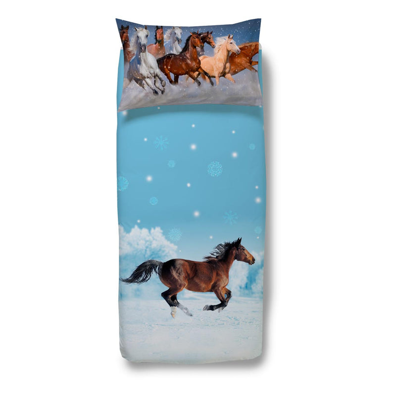Sacco copri piumino e federa in cotone con stampa fotografica cavalli nella neve